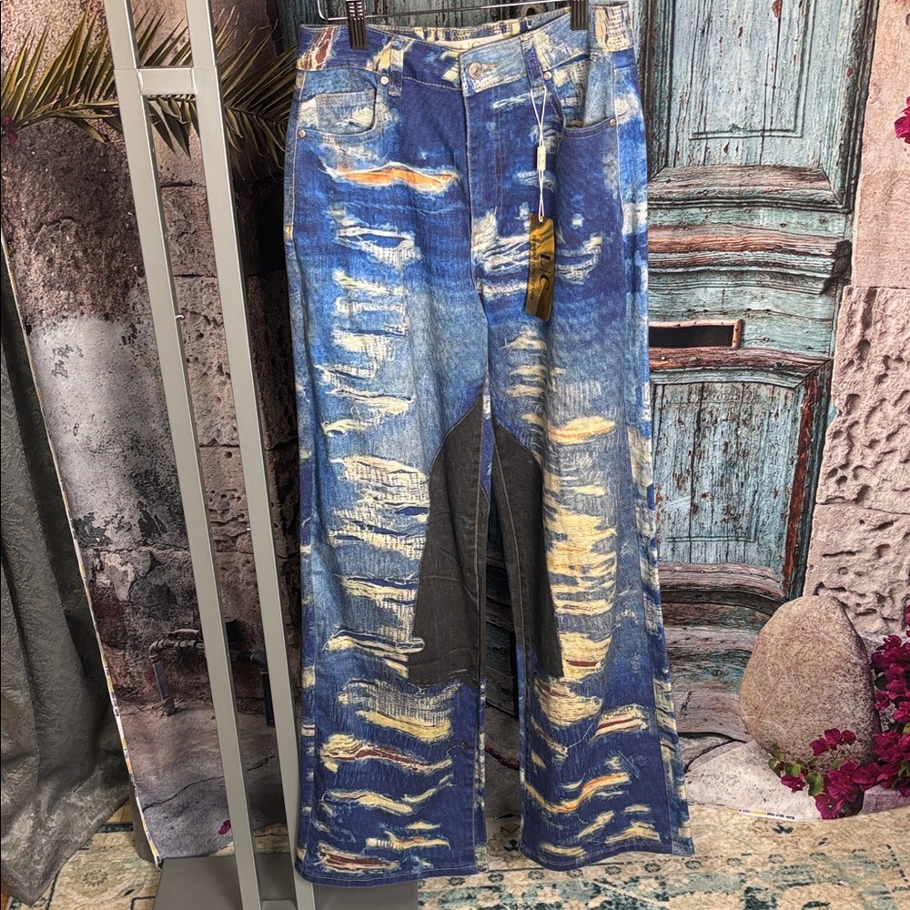 LC Lizette Collection Wide-leg blue jeans with a faux distressed pattern NWT lg